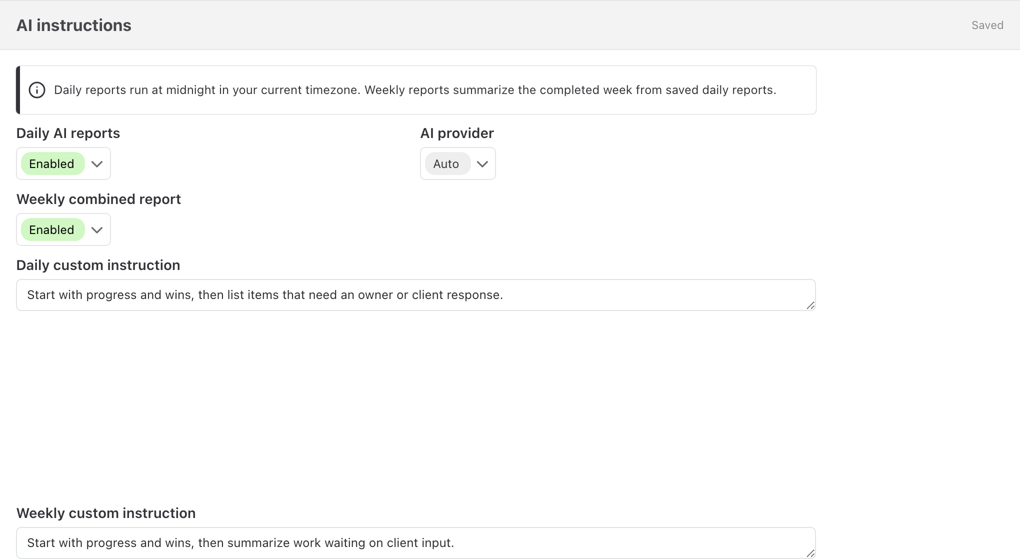 Orloi AI instructions settings showing enabled daily and weekly reports with progress-first custom instructions