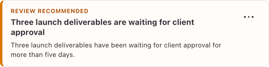 Northstar Studio dashboard alert saying three launch deliverables are waiting for client approval