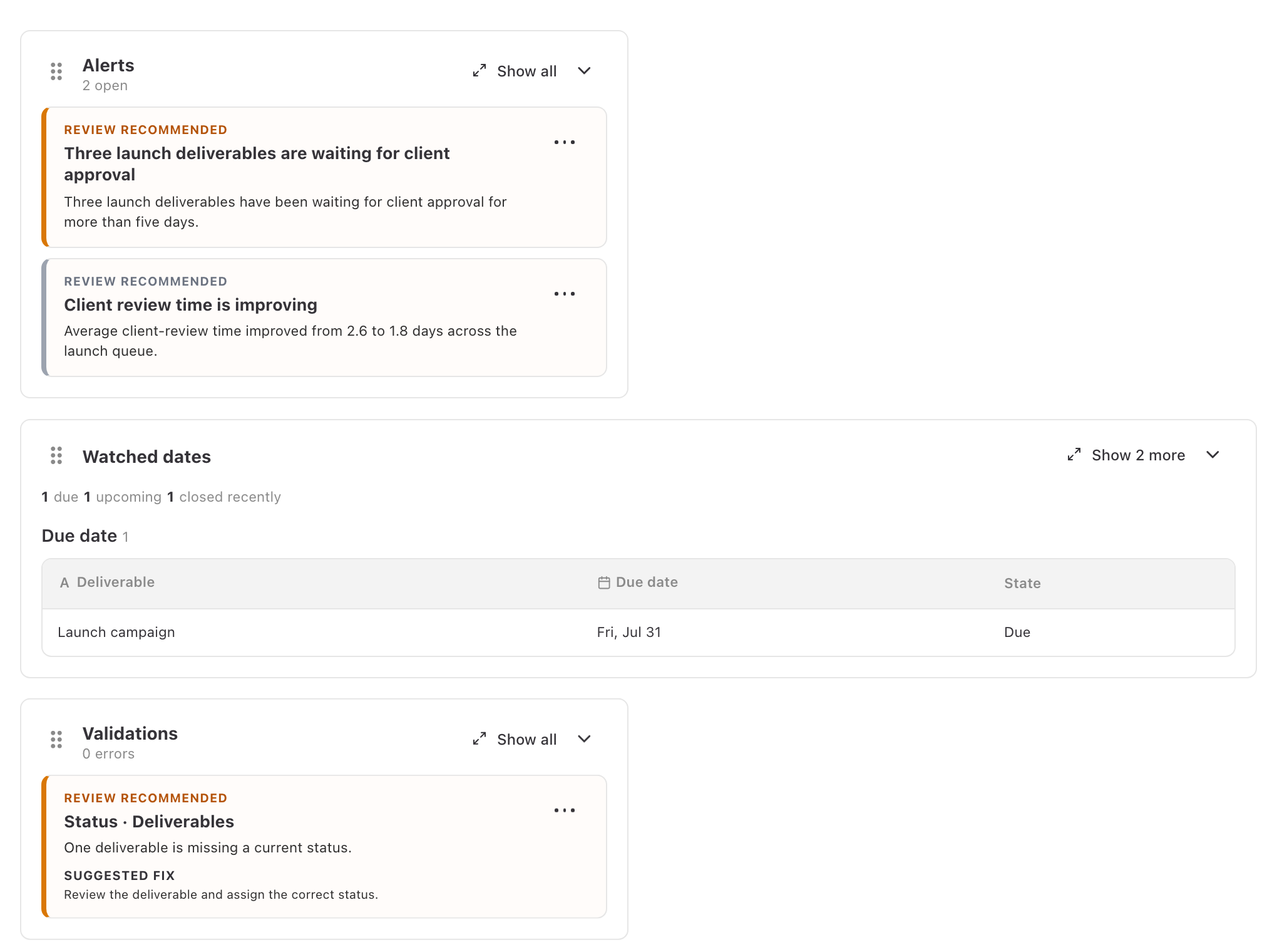 Orloi Overview showing open alerts, watched dates, and Schema validations for Northstar Studio — Client Delivery