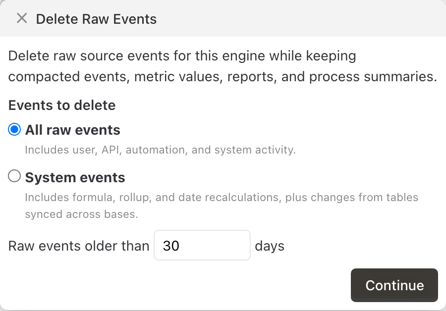 Orloi raw-event cleanup dialog showing scoped event choices and an age cutoff before preview