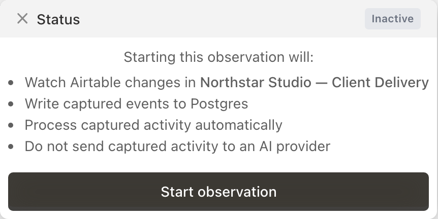 Activation confirmation for the selected Airtable base with AI reports disabled