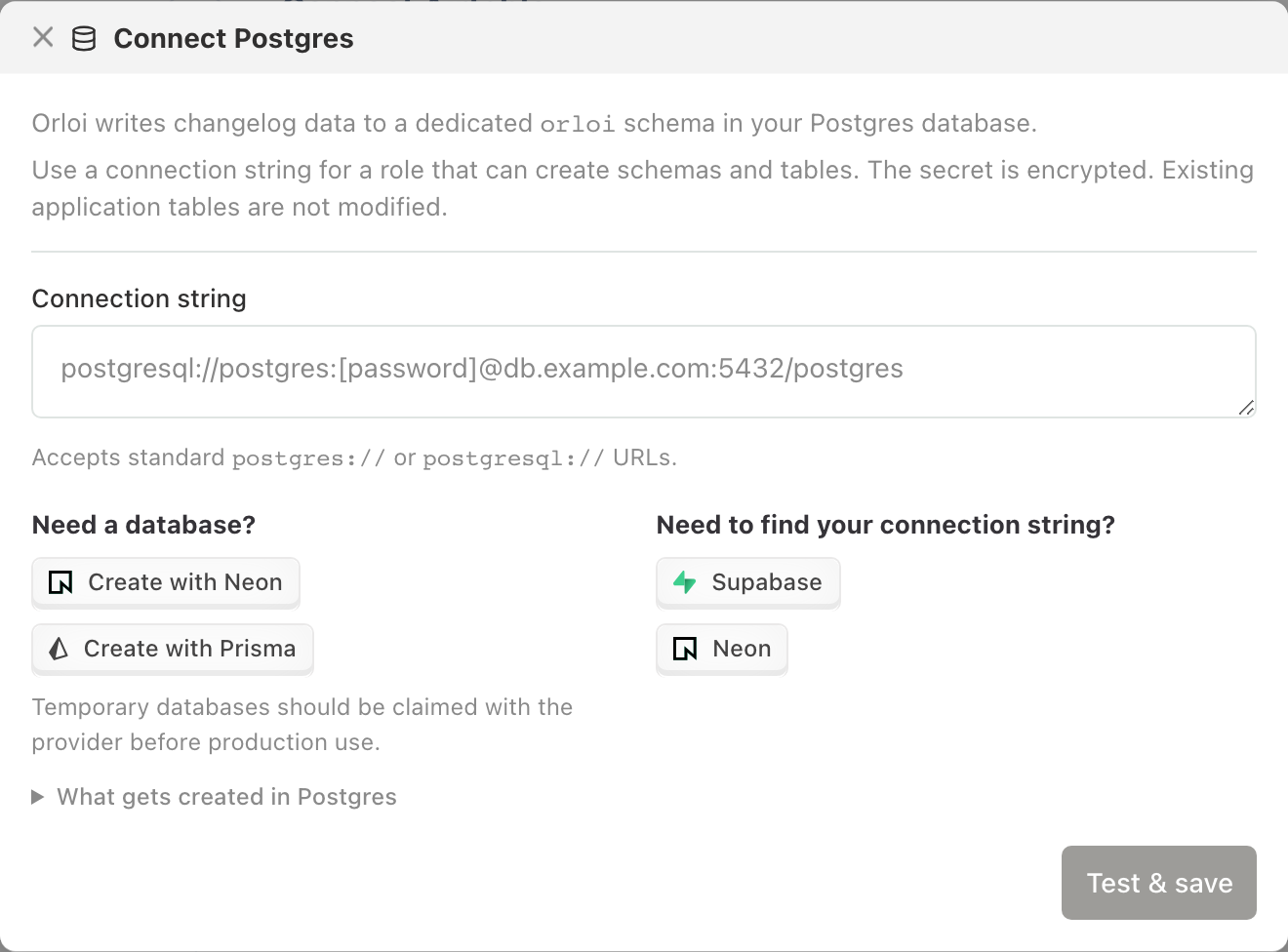Postgres destination dialog in the Orloi setup flow