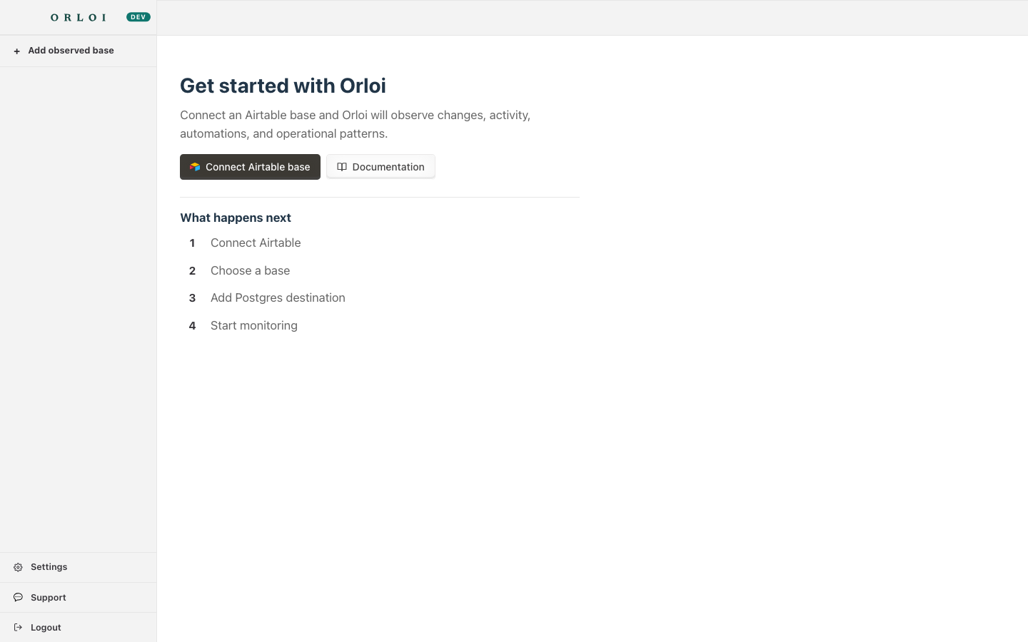 Orloi setup page showing the observed-base onboarding flow